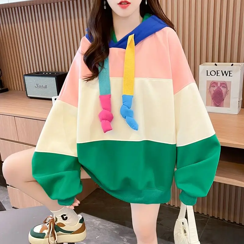 Personalized Contrasting Color Strap Splicing Mid Length Hooded Sweatshirt for Women Korean Casual Color Printed Loose Top