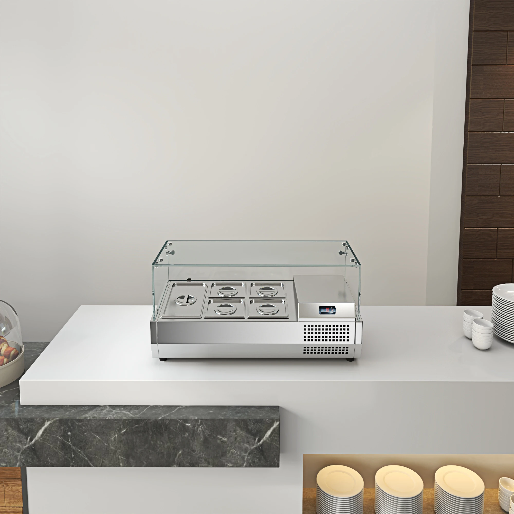 Pizza and Salad Prep Table with Glass Sneeze Guard Countertop Condiment Refrigerated Prep Station