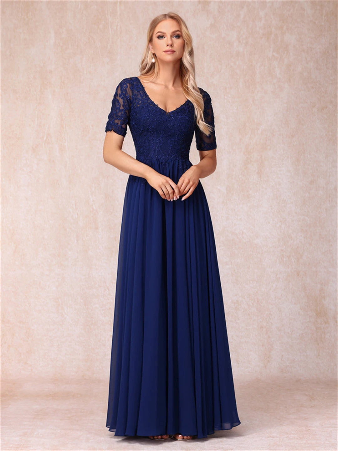 Chiffon V-neck Appliques Bride's Mother Dresses Backless Short Sleeve A-line Long Evening Gowns Groom Mother Wedding Party Dress