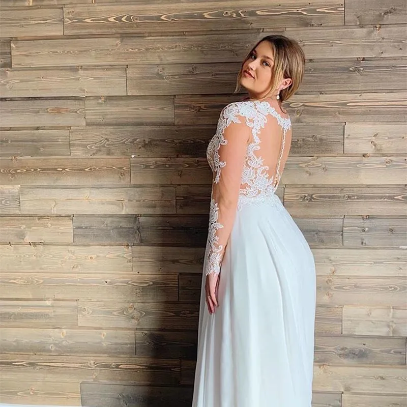 Plus Size Chiffon Trouwjurken 2021 Lange Mouwen Sheer Lace Applique V-hals Bridal Dress Strand Vloer Lengte Trouwjurk