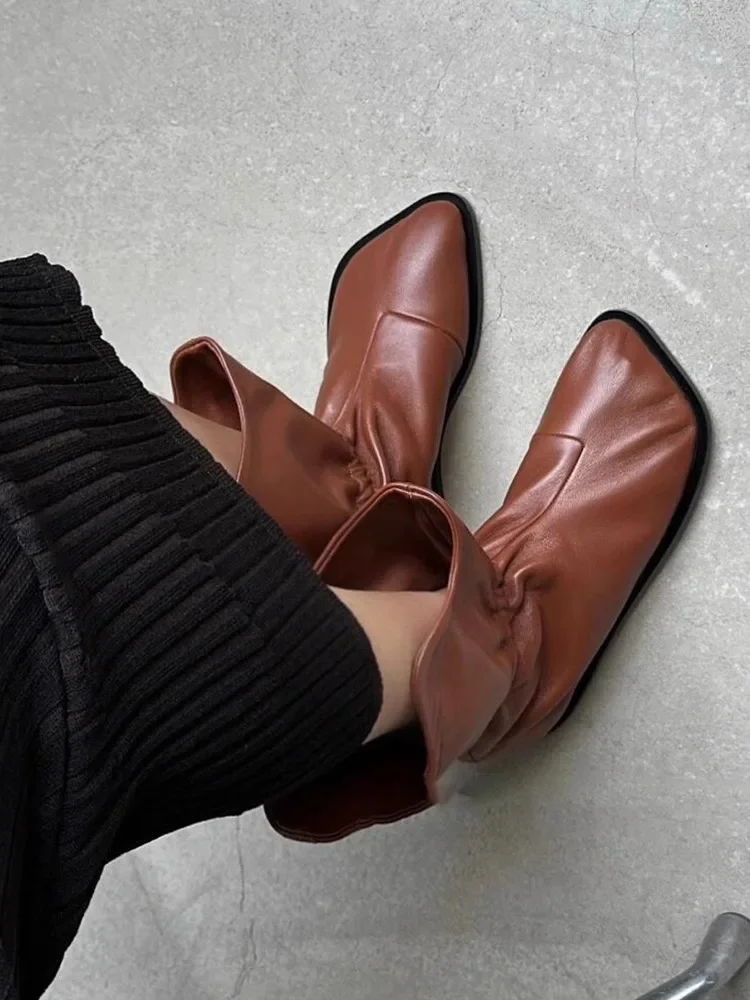 Retro Square Toe Pleated Western Cowboy Boots Leather Elastic Short Chelsea Botines Femininas Brown Irregular Toe Women Shoes