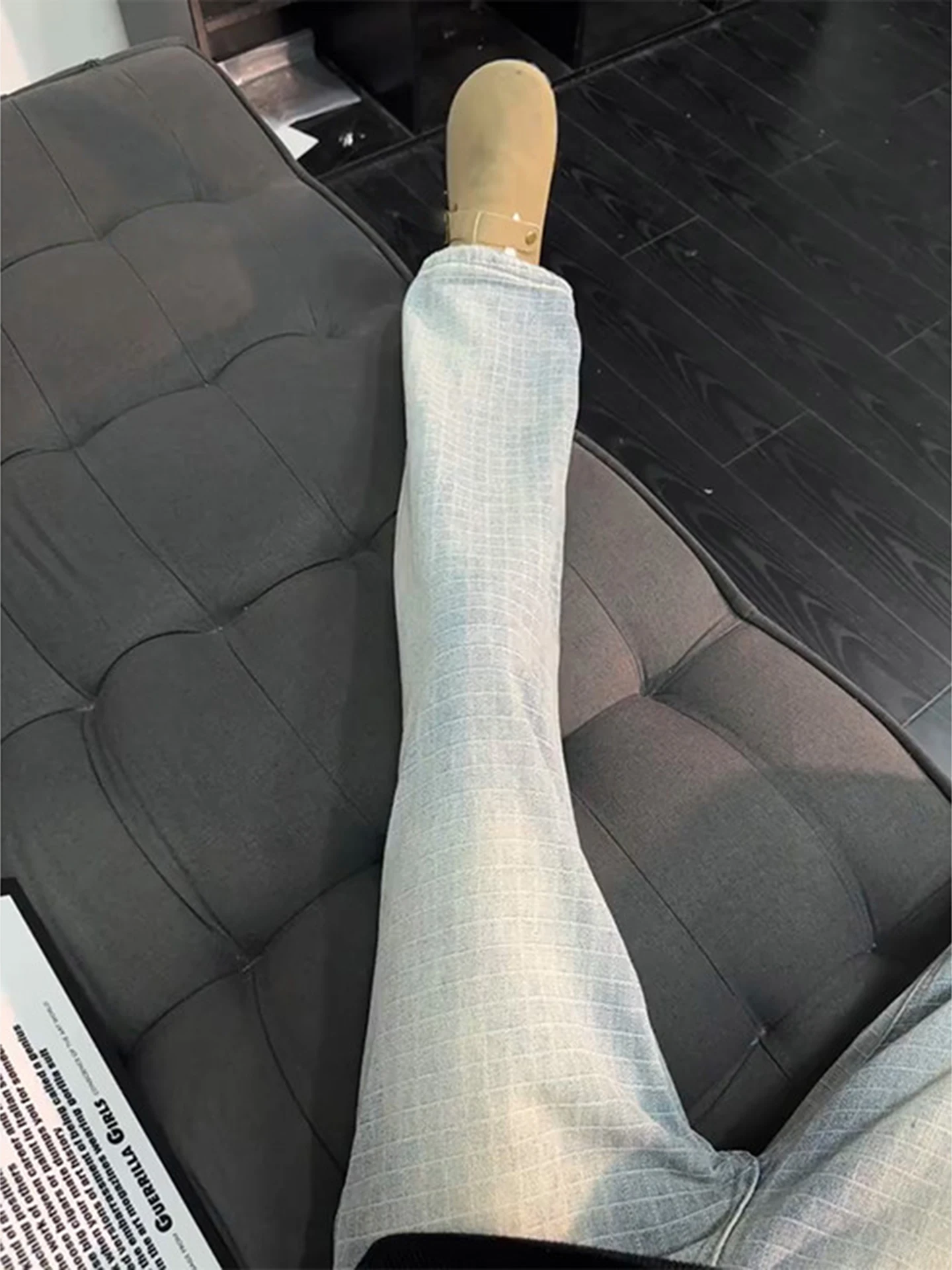 

Cleanfit Blue Plaid Embroidered Knife Slim Fit Straight Leg Jeans Men's American High Street Sle Wear Resistant