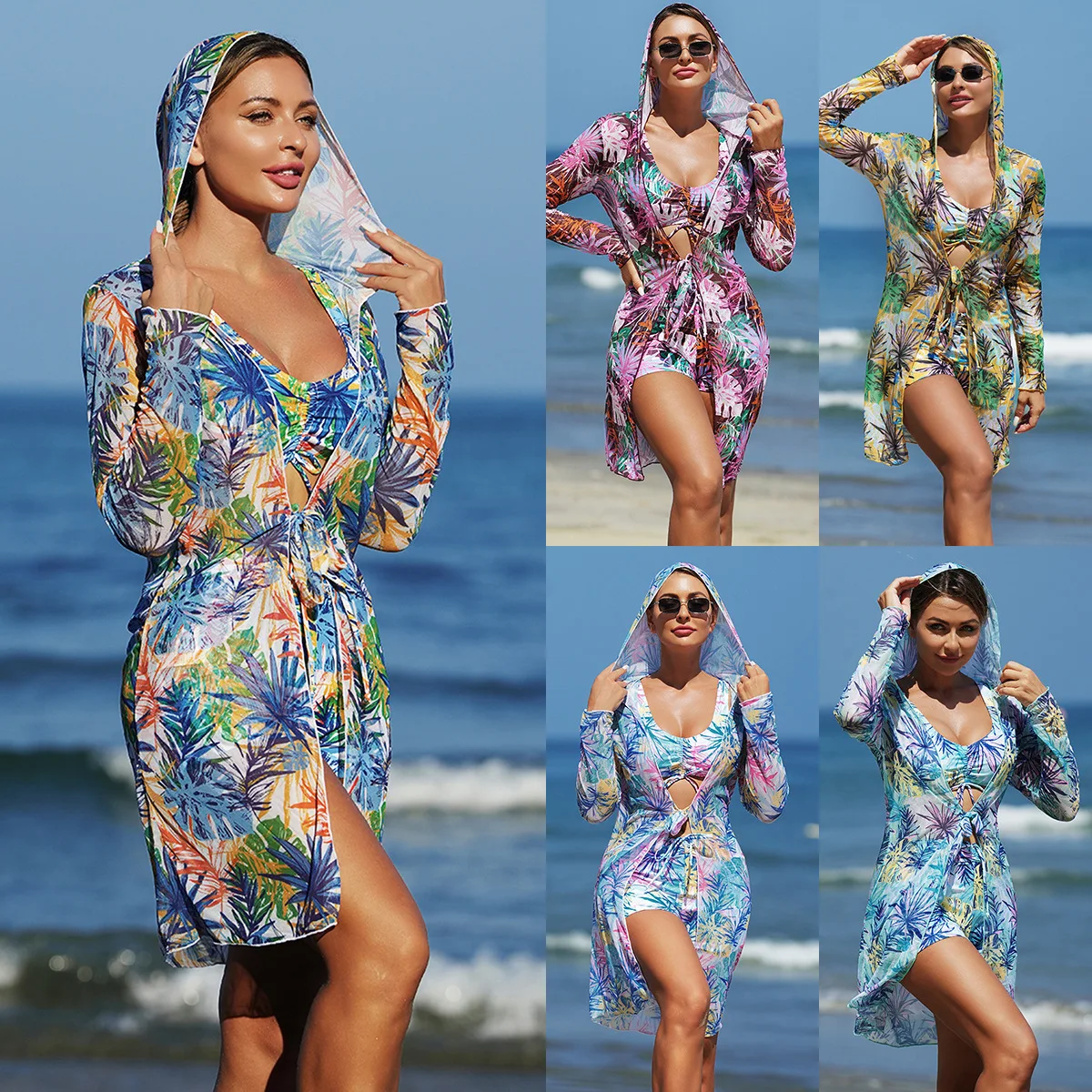 

Женский купальник в европейском и американском стиле, модный и сексуальный, с разноцветным принтом, женский купальник из трех частей, бикини, женское бикини