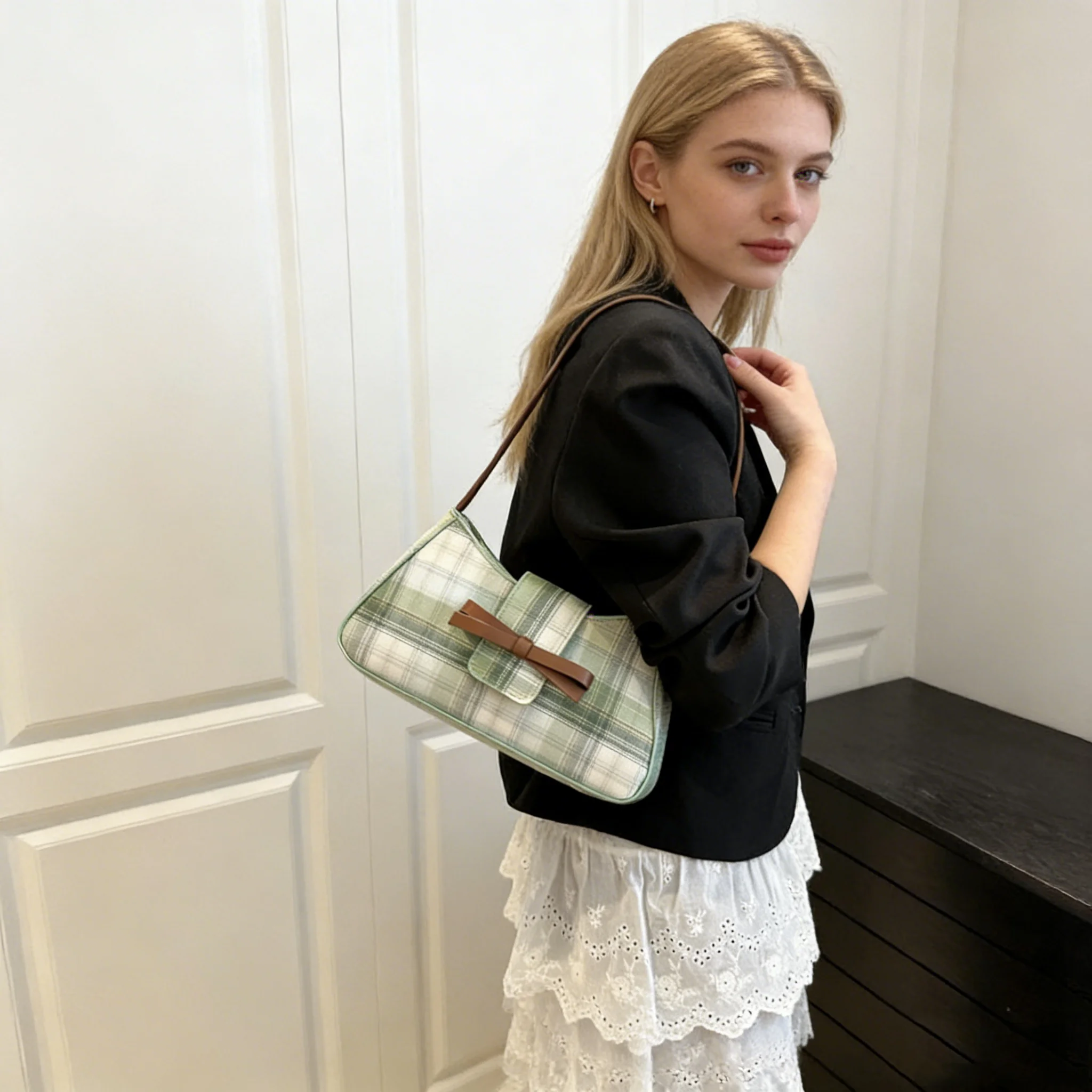 Authentic Plaid Shoulder Bag Bowknot Underarm Purse Classic Vintage Tote Sleek French Handbag Trendy Female Retro Satchel