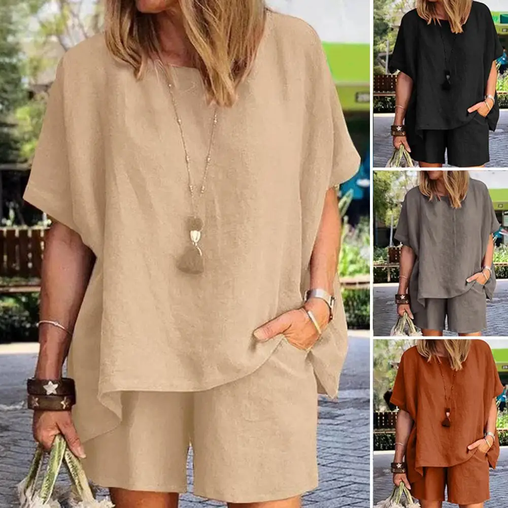 

Women Cotton Linen Two Piece Set Summer Cotton Linen Women's 2-piece Outfit Set with Shorts Top Loungewear Tracksuit for Women's
