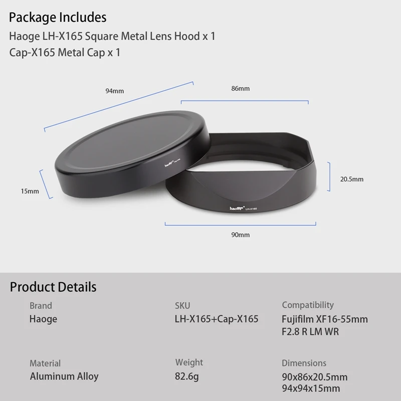 Haoge LH-X165 quadrado metal lente capa sombra com tampa de metal para fujifilm fuji fujinon xf XF16-55mm f2.8 r lm wr lente preto