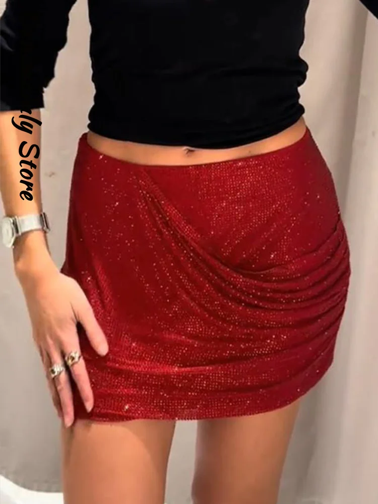 

Sexy Burgundy Sequin Ruched Mini Skirt Women High Waist Bodycon Party Club Skirts 2026 Spring Lady Chic Evening Glitter New