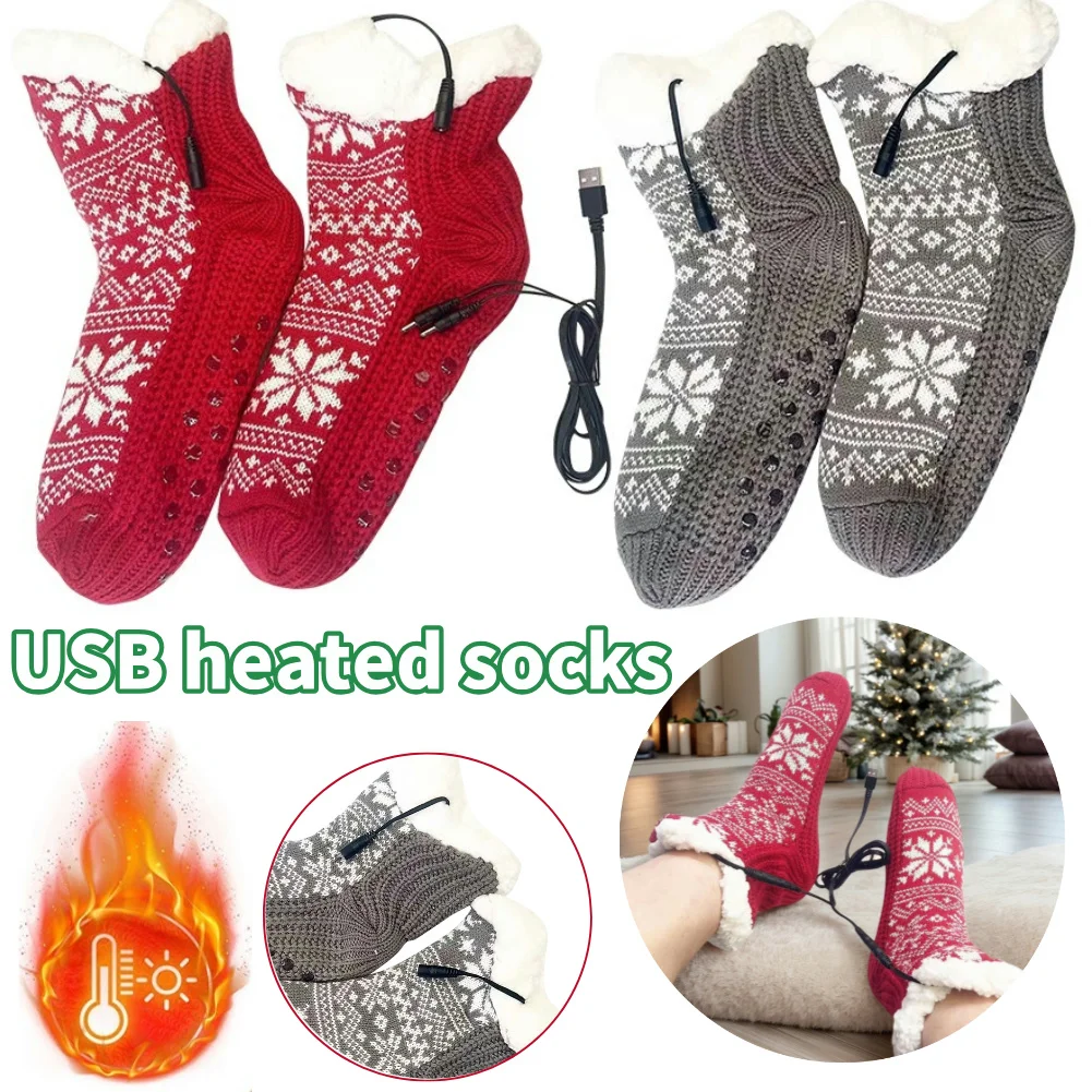 New Short USB Heated Soft Knitted Socks Fluffy Slipper Socks Plush Floor Socks Cozy Bed Slippers Carpet Socks for Christmas