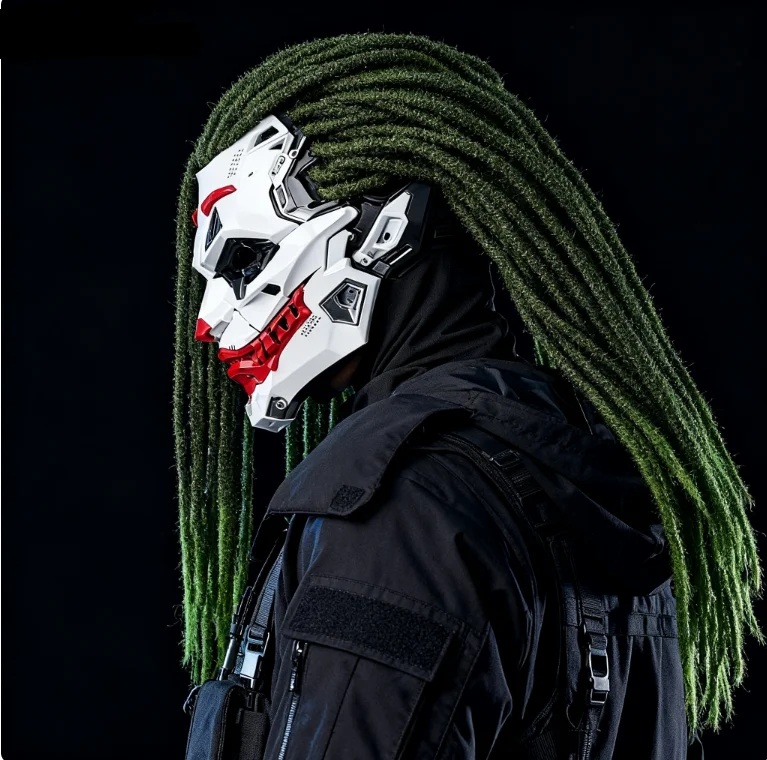 ホラーパンクマスク コスプレ衣装 ヘルメットマスク グリーンのドレッドヘア付き 女性男性用コスチューム小道具 ハロウィンステージイベント用