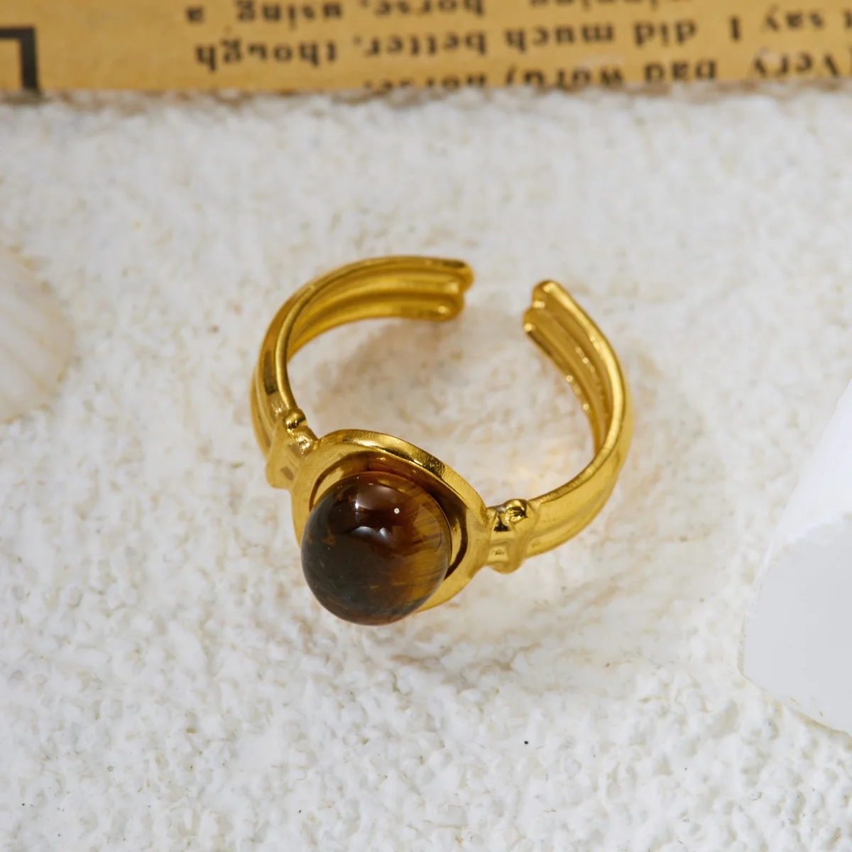 Retro-Ringe mit unregelmäßigem Lava- und Tigerauge-Stein für Damen und Herren, Edelstahl, geometrische Textur, Fingerring, ästhetischer Schmuck – Detail 37
