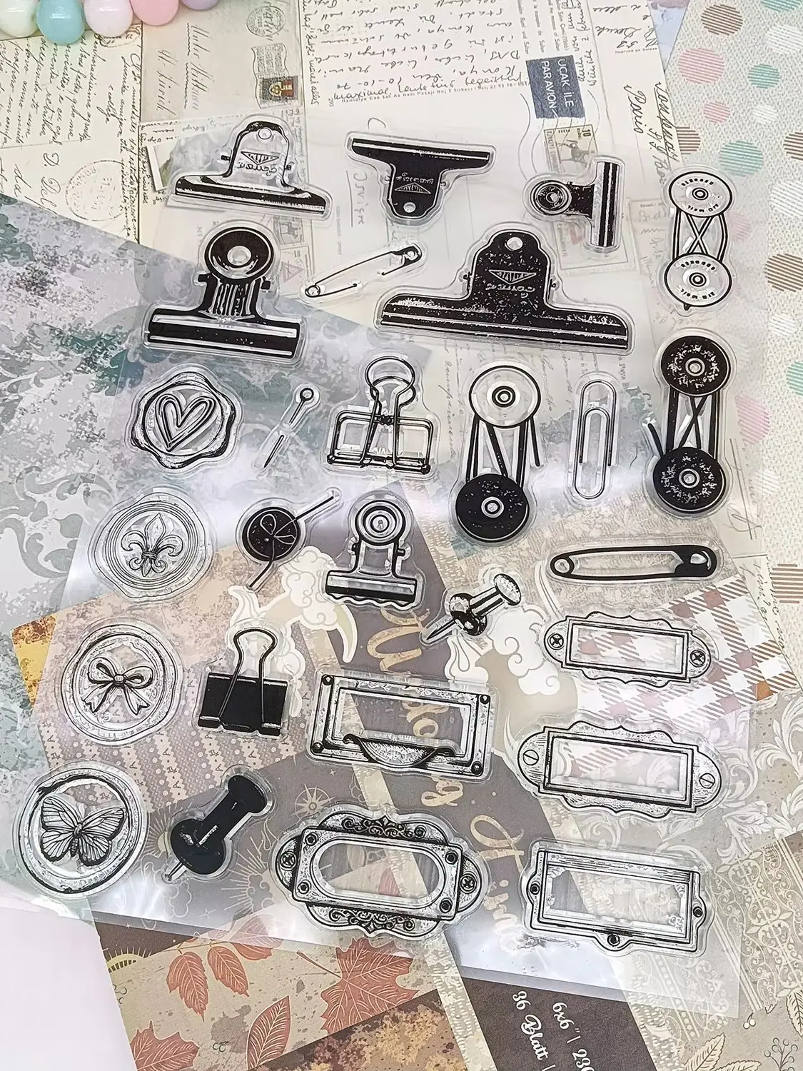Vintage Büroklammern, transparente Stempel, Retro-Binderclips, Büroklammern, Sicherheitsnadeln, Ephemera, transparente Stempel für Junk Journal und Scrapbook