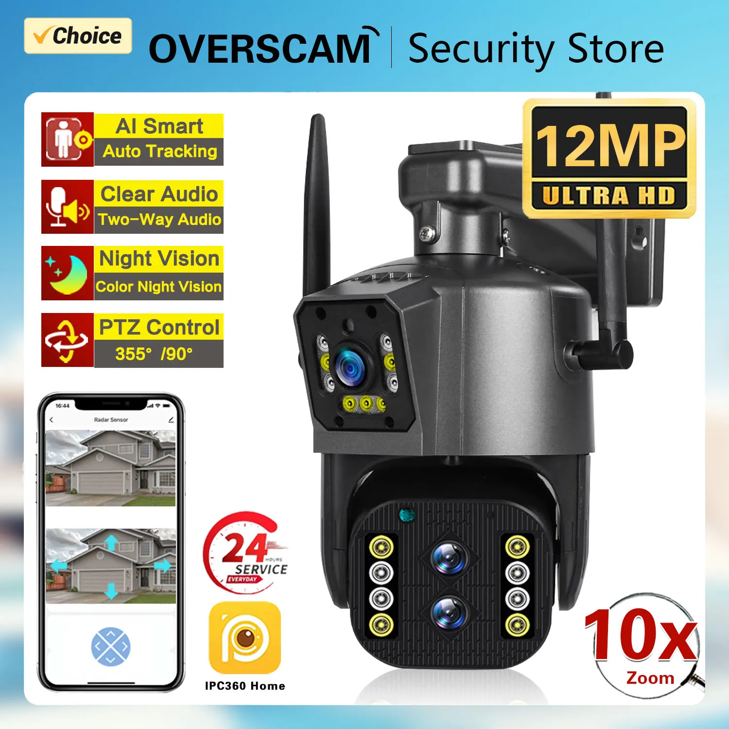 

12MP 6K IP WiFi Outdoor Camera PTZ Three Lens Dual Screen 10X Zoom Auto Tracking Waterproof Security Protection Camera ipc360