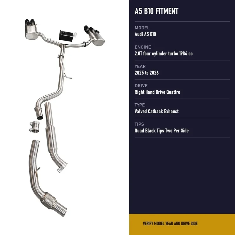 Audi A5 B10 2.0T Quattro Right Hand Drive Valved Catback Exhaust Direct Fit 2025 to 2026 Quad Black Tips and Valve Boxes