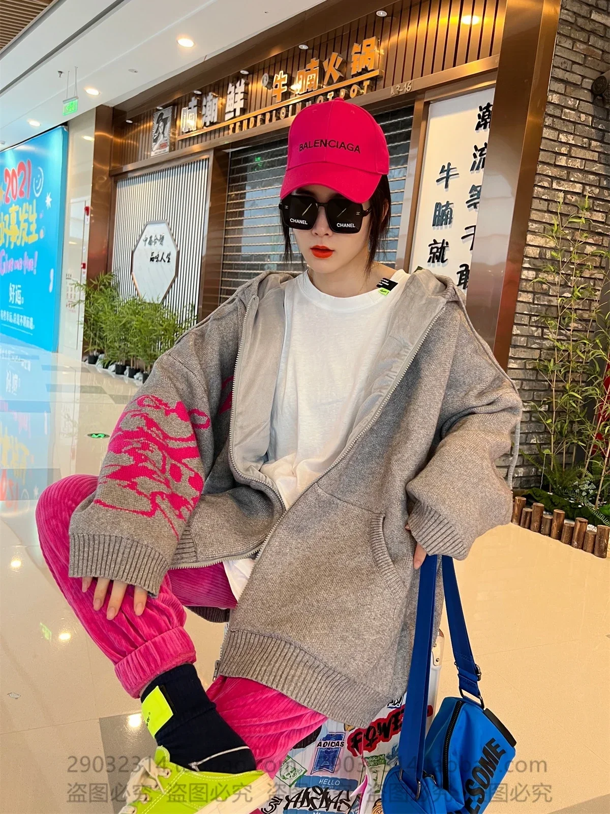 Fashion Loose Cartoon Pattern Warm with Fleece Thickened Sweater Coat Female Winter Mid-Length Oversized Hooded Knit Cardigan