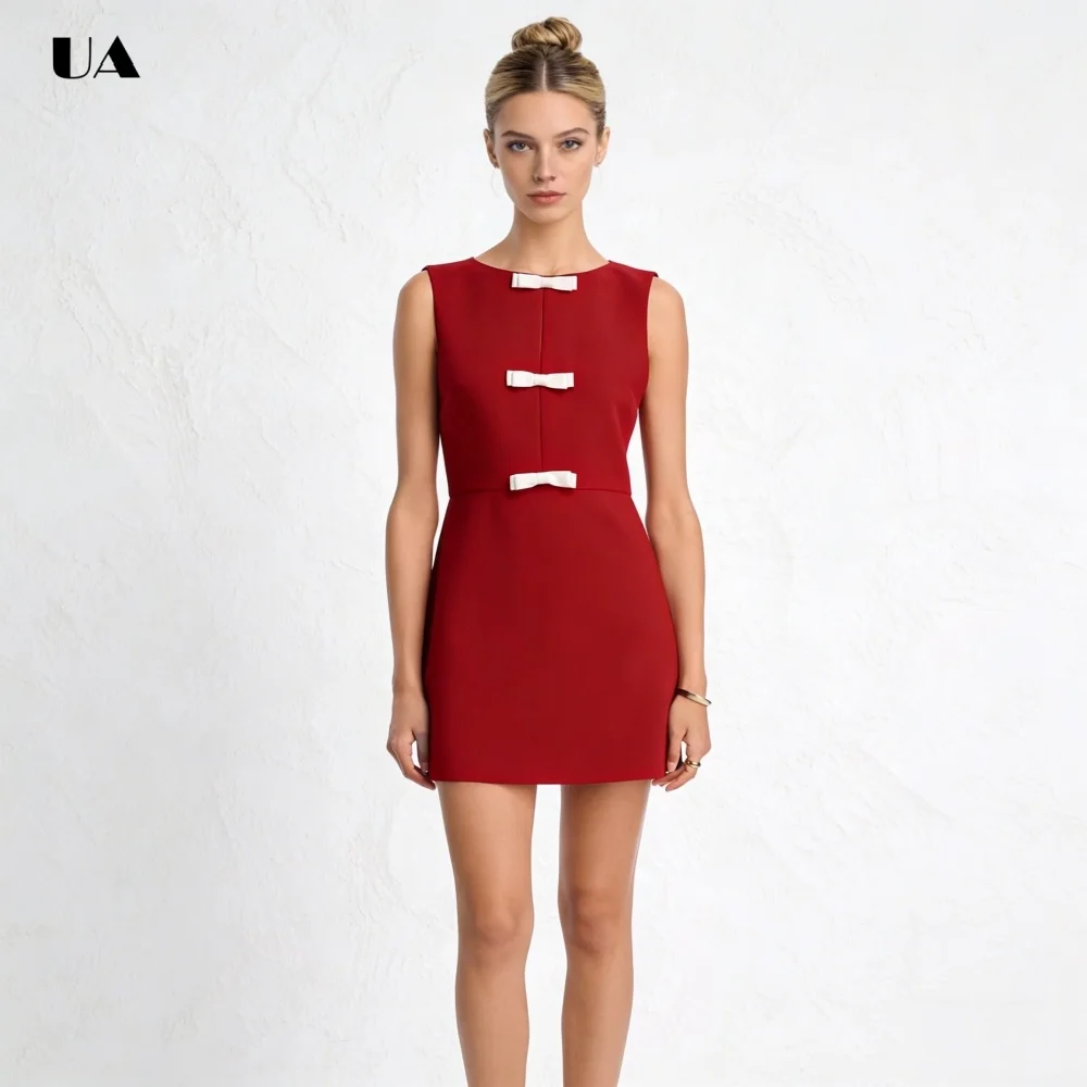 

ULBYANRY Simple Mini Dress with Cape Three White Bows, Solid Sleeveless Evening Dresses for Women, O-neck Customized Party Gown