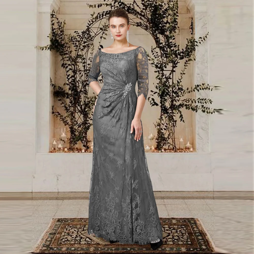 Elegant Lace Moeder Van De Bruid Jurken Hals 3/4 Mouwen Applicaties Kristallen Plooi A-lijn Vestidos Elegantes Para Mujer