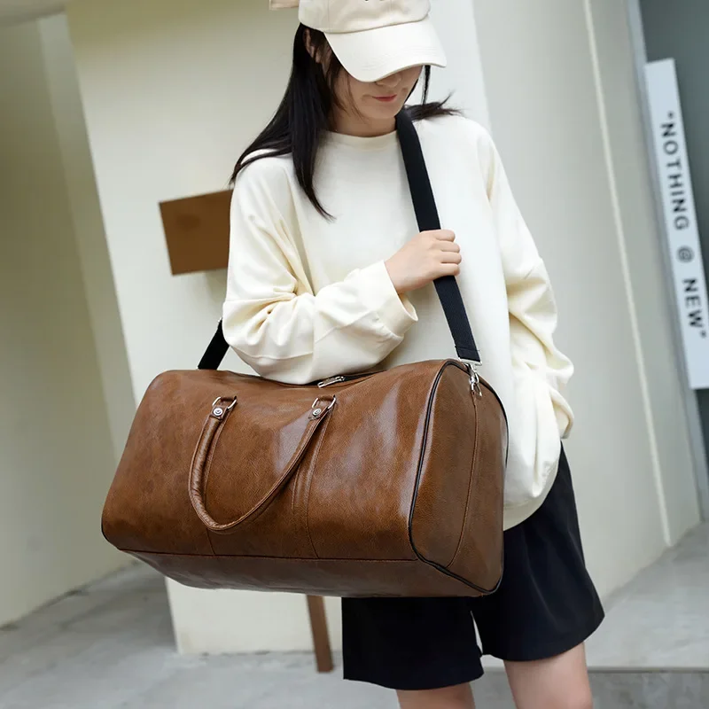 Women'S Travel Tote Duffle Handbag Gym Fitness Bag Man PU Leather Business Luggage Shoulder Sports Weekend Side Outdoor Bag