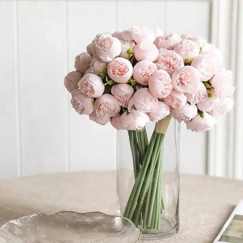 Tenvity 27heads Pink Roses Peony Artificial Flowers Silk Bouquet for Table Vase Home Wedding ChristmasDecoration Fake Flowers