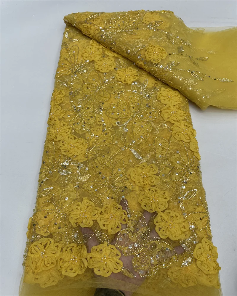 2025 Ręcznie Robiona Koronka z Koralikami Francuska Zdobiona Cekinami Haftowane Kwiaty 3D Nigeryjska Koronka Siatkowa Ślubna do Szycia RF65TY-19