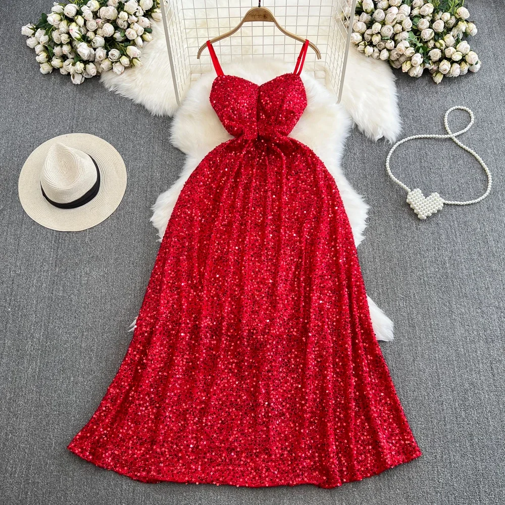 Elegant เซ็กซี่ Backless เอวสูงเลื่อม Slip Dress Fairy A-Line Summer Beach Vestidos Slim ผู้หญิงชุดราตรี