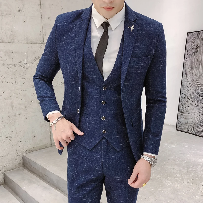 Autumn and Winter Korean Version Slim-fit Suit (suit + Vest + Trousers) 2024New Men\'s All-in-one Three-piece Wedding Dress M-5XL