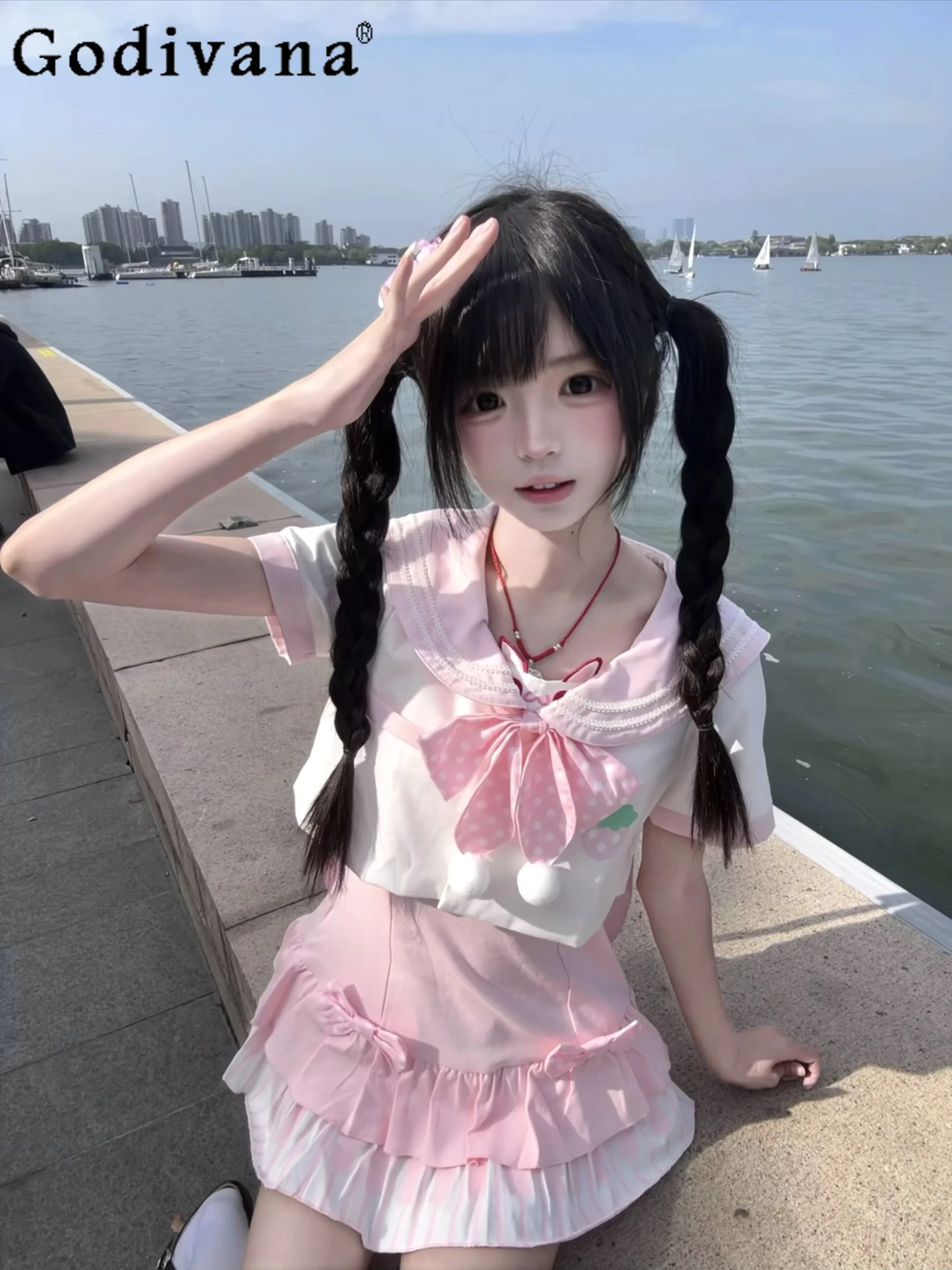 

Japanese Sweet Girls Cute Dress Set Summer Daughter Kawaii Clothes Spring Summer New Short Sleeve Long Sleeve Top Dress Outfit