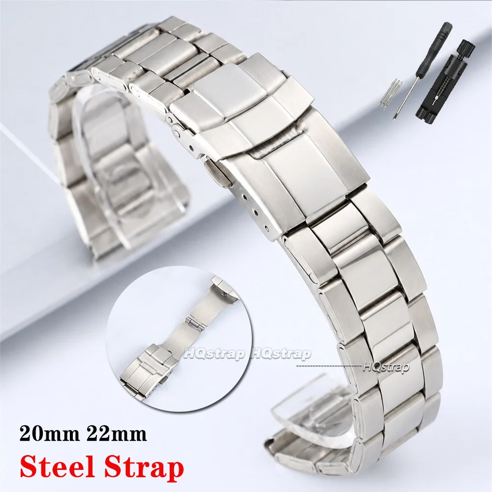 Middle Polished Stainless Steel Watch Band 20mm 22mm for Seiko for Rolex Universal Bracelet Folding Buckle Waterproof Wrist Band