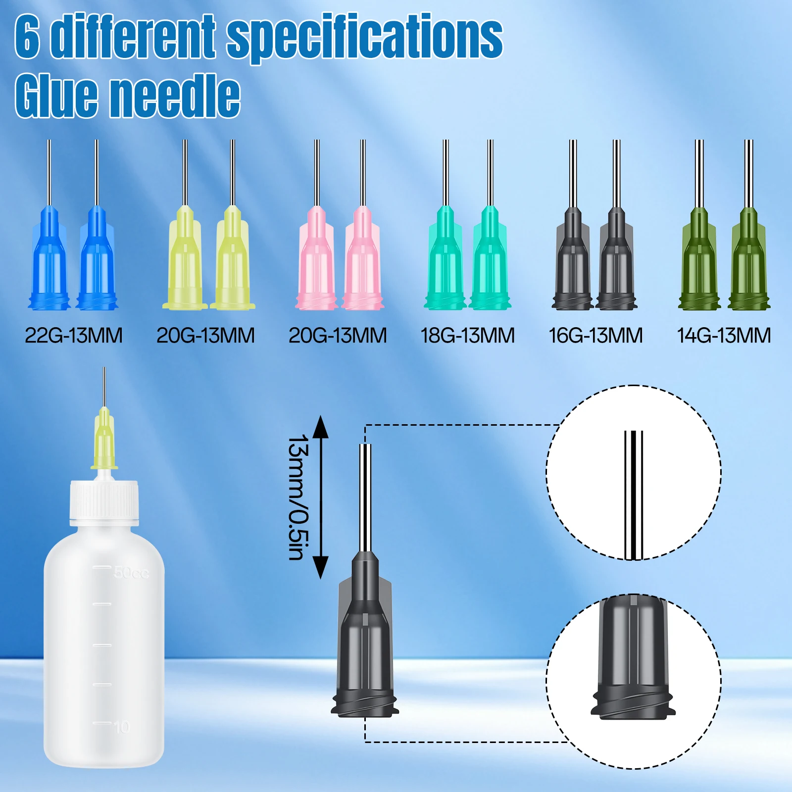 6 Stück 50 ml Kleber-Applikatorflaschen, zusammendrückbare Kunststoff-Flüssigkeitsflasche mit stumpfer Nadelspitze, 14 G, 20 G, zum Basteln, Heimwerken und Reparieren – Detail 2