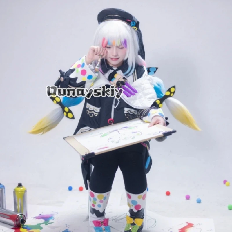 KS*22Anime Magical Girl Witch Trials Cosplay Jogasaki Noah Goth Lolita Colorful Circle Pattern Dress Multicolored Highlights Wig