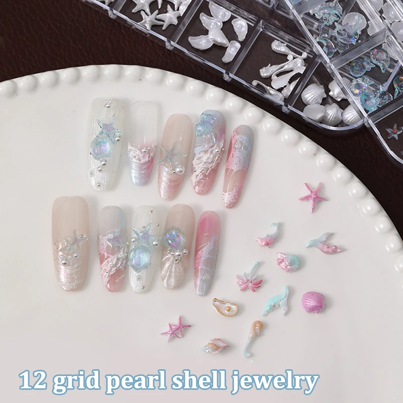 

12 Grids/Box Aurora Nail Charm Shell Starfish Mermaid Tail 3d Nail Art Accessories For A Dreamy And Oceanic Manicure Look