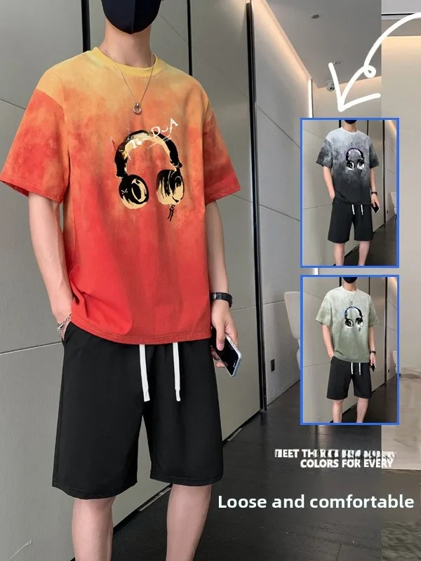 

Ice Silk Summer ort Sve T-irt And orts Set for Young Men Casual Sportswear Polyester Fiber Five-Quarter Length