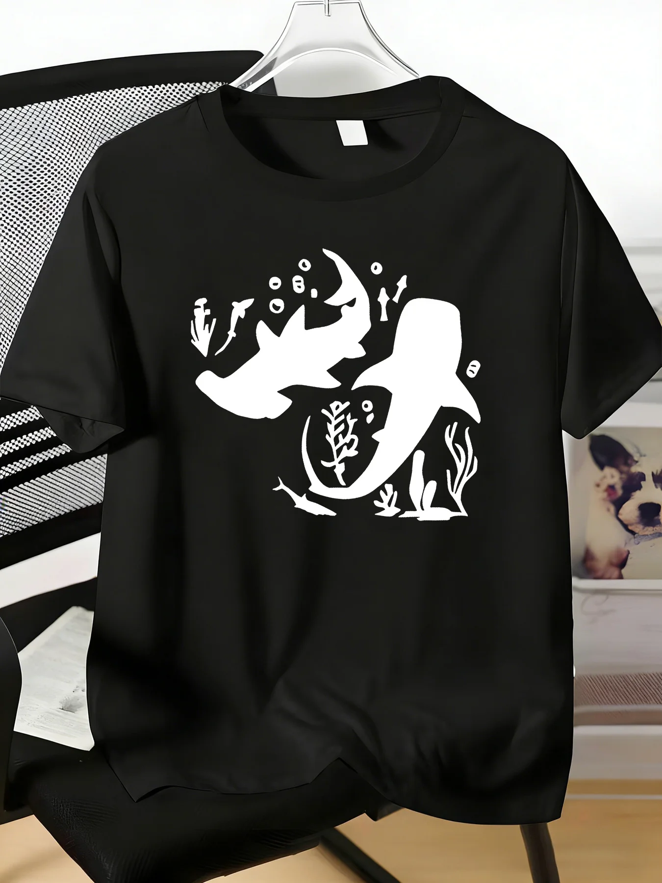 Men Black Round Neck Tee Minimal Shark Coral Underwater Silhouette Print Soft Short Sleeve Ocean Fan Beach Holiday Casual Tops