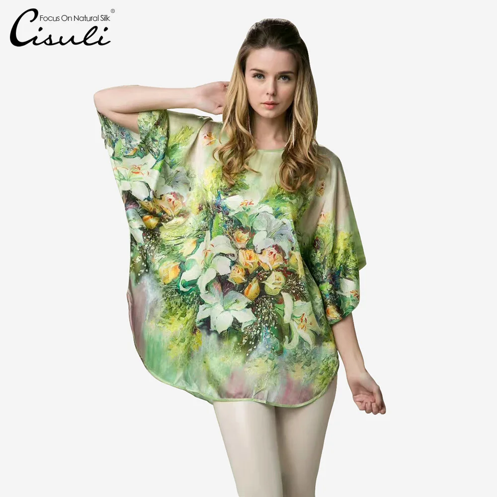 CISULI Print Silk Bat T-Shirt 100% Mulberry Silk Summer New Fashion Floral Design For Women Plus Big Size women\'s clothing