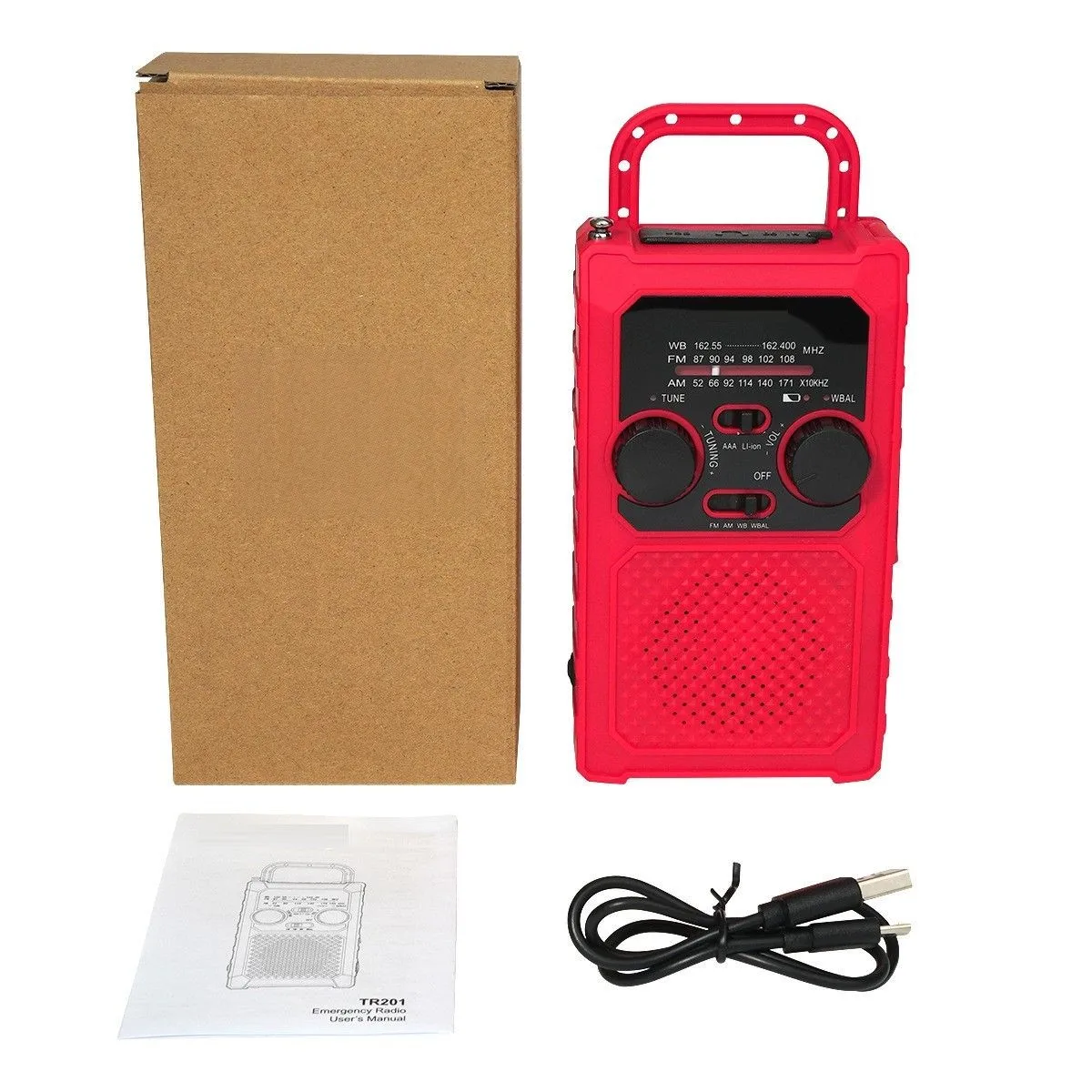 Radio de emergencia roja TR201, linterna de alto brillo, alarma de emergencia SOS, energía Solar manual