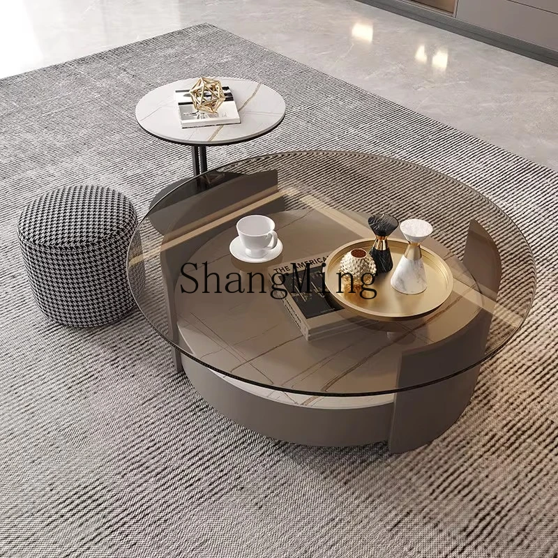 

ZYY light luxury modern round rock slab tempered glass living room home creative coffee table TV cabinet