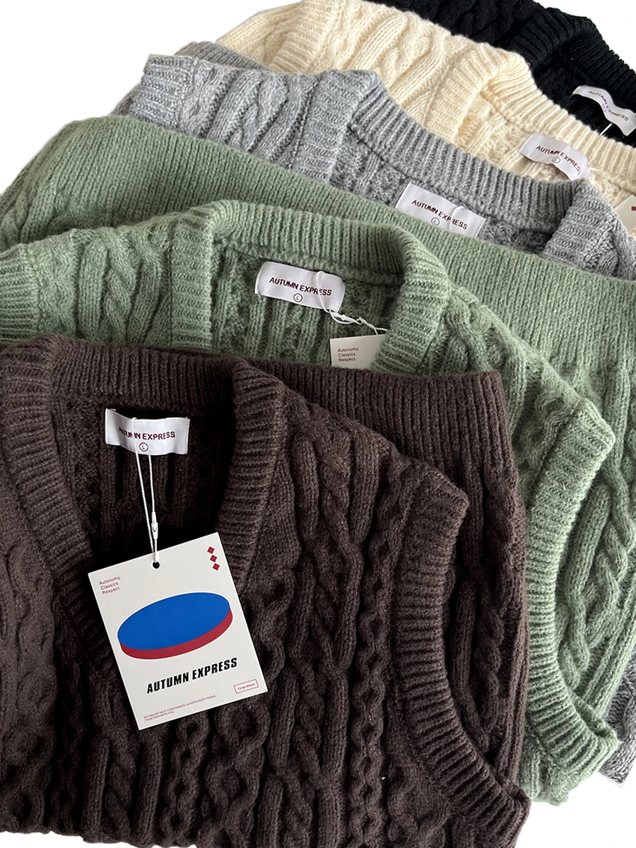 

Толстый вязаный жилет с V-образным вырезом для колледжа, осенне-зимний, для многослойного ношения, в стиле ретро, с толстой вязкой, с наплечными подушечками, молодежный, модный