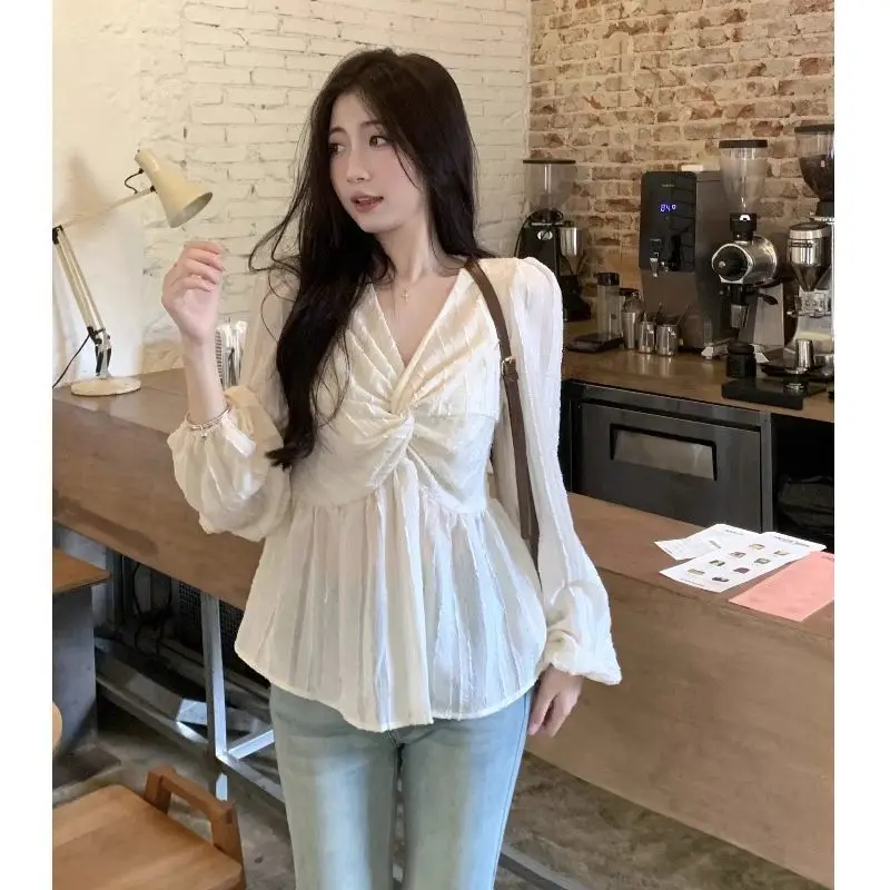 Autumn 2023 New V-neck Slim Long Sleeve Basic Casual Solid Wild Office Lady Pullover Chiffon Shirt Women\'s Clothing Y2k T-shirt