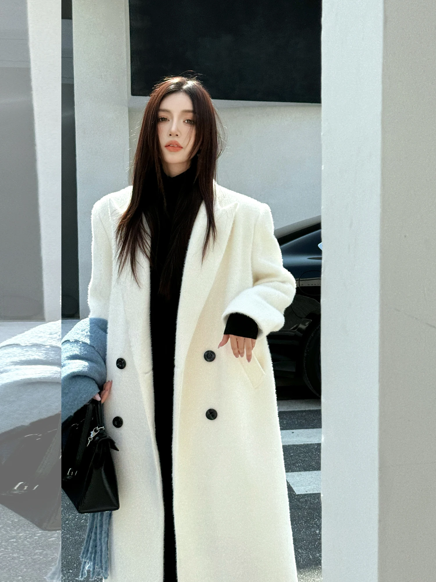 

Loose Fit Thiened Winter Coat Long Woolen Coat for Taller Women White Moonlight New Arrival Commute Sle Casual Outerwear