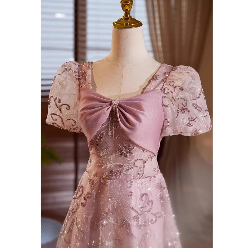 Bespok-Robe de soirée en tulle rose foncé pour femme, bling, col carré, manches courtes, à lacets, ligne A, longueur au sol, grande taille