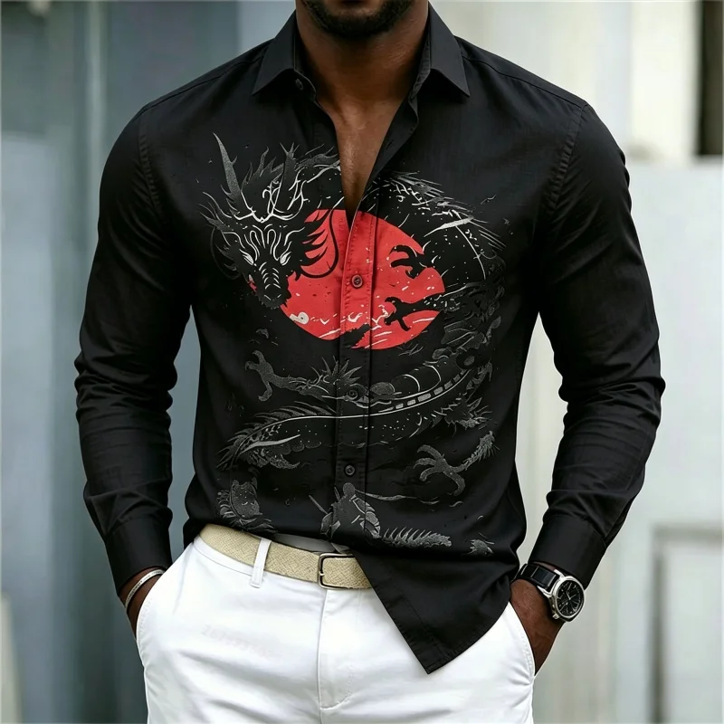 2026 New Men's Shirt White Black Red Contrast Dragon Pattern Shirt Street Style Fashion Casual Business Long Sleeve Men's Wear view 2
