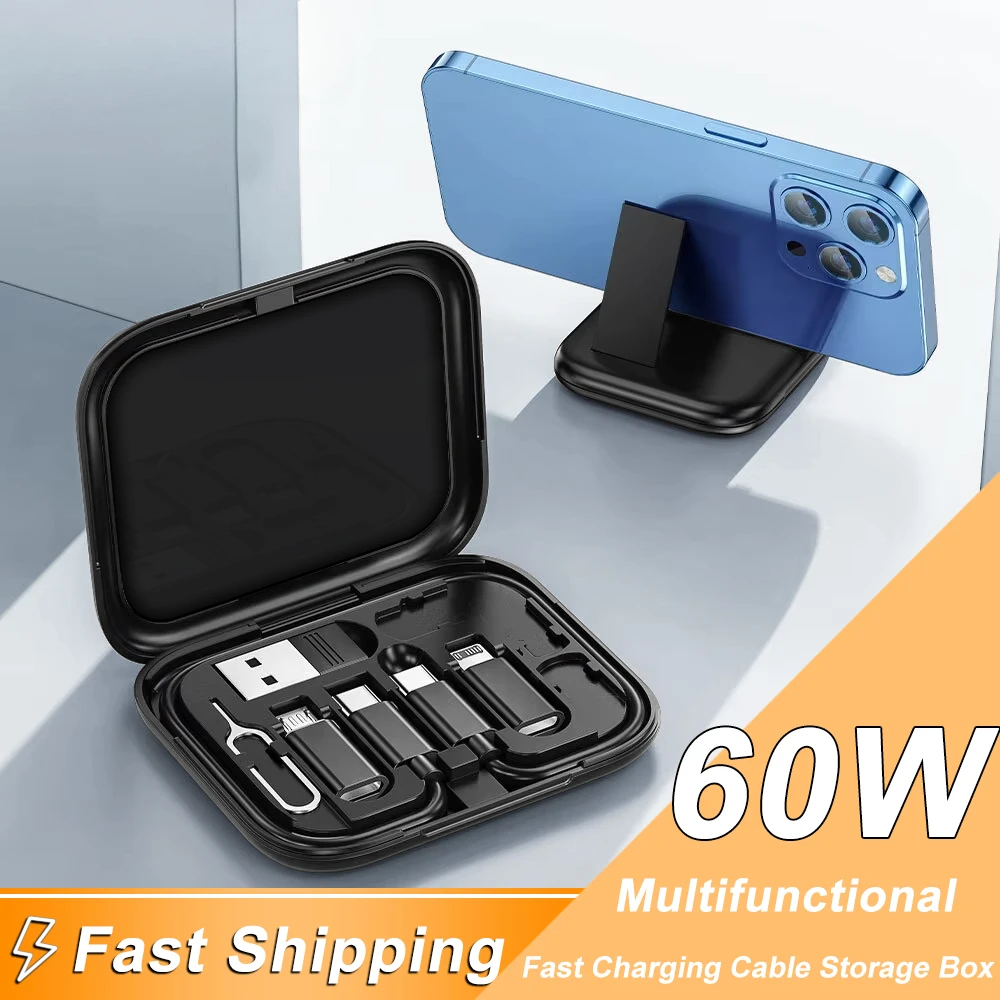 6 in 1 Data Cord Storage Box 60W USB C To USB C Cable Travel carrying For All Smart Phone Fast Charging Cable Kit OTG Converter