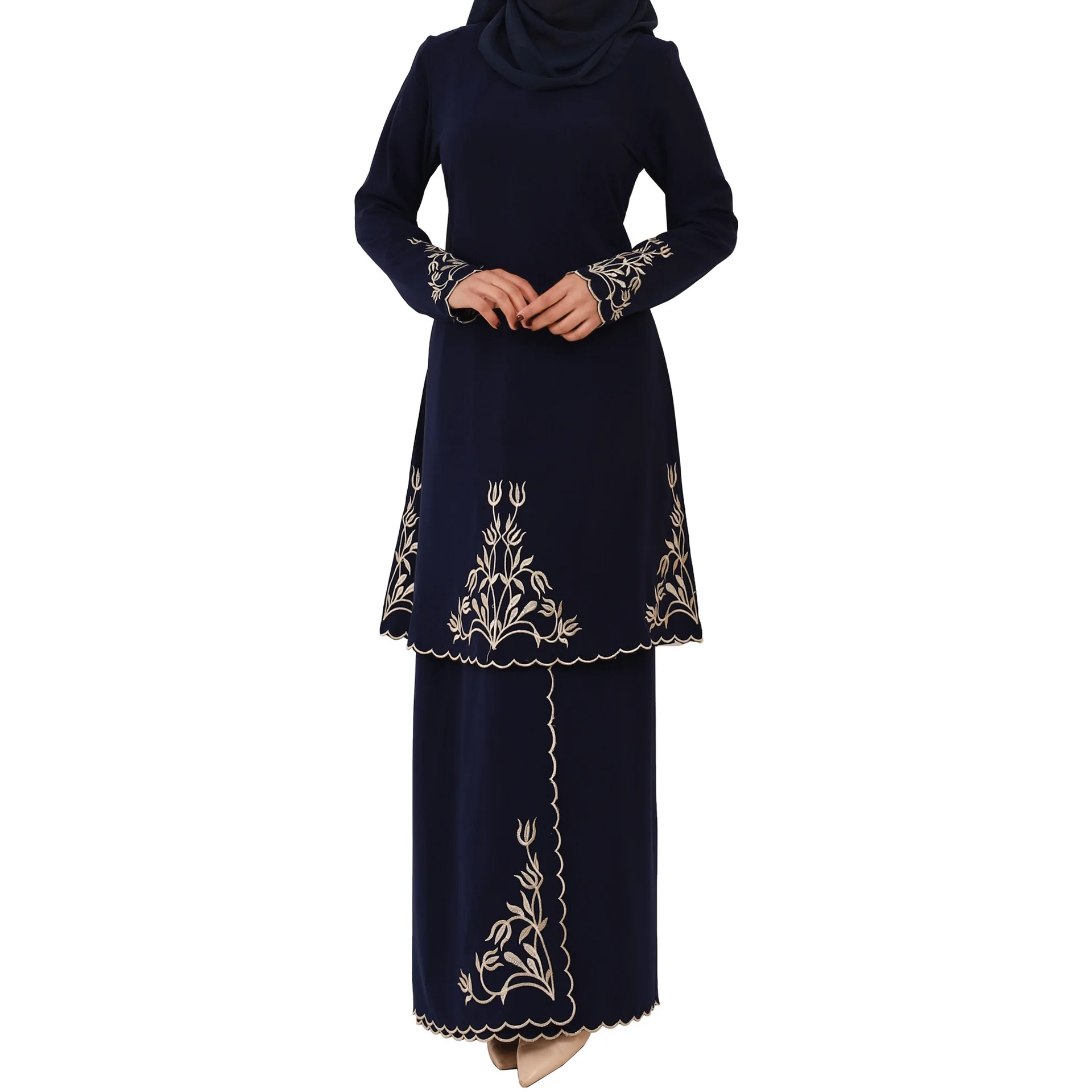 Abaya-Ensemble 2 pièces brodé pour femmes musulmanes, robe en Y assortie avec jupe, fête Kebaya malaisienne, vêtements islamiques modestes pour le