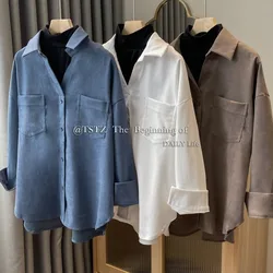 QWEEK Korean Style Corduroy Shirt Fake Two Pieces Elegant Solid Color Office Blouse Loose Long Sleeve Autumn Women's Clothes