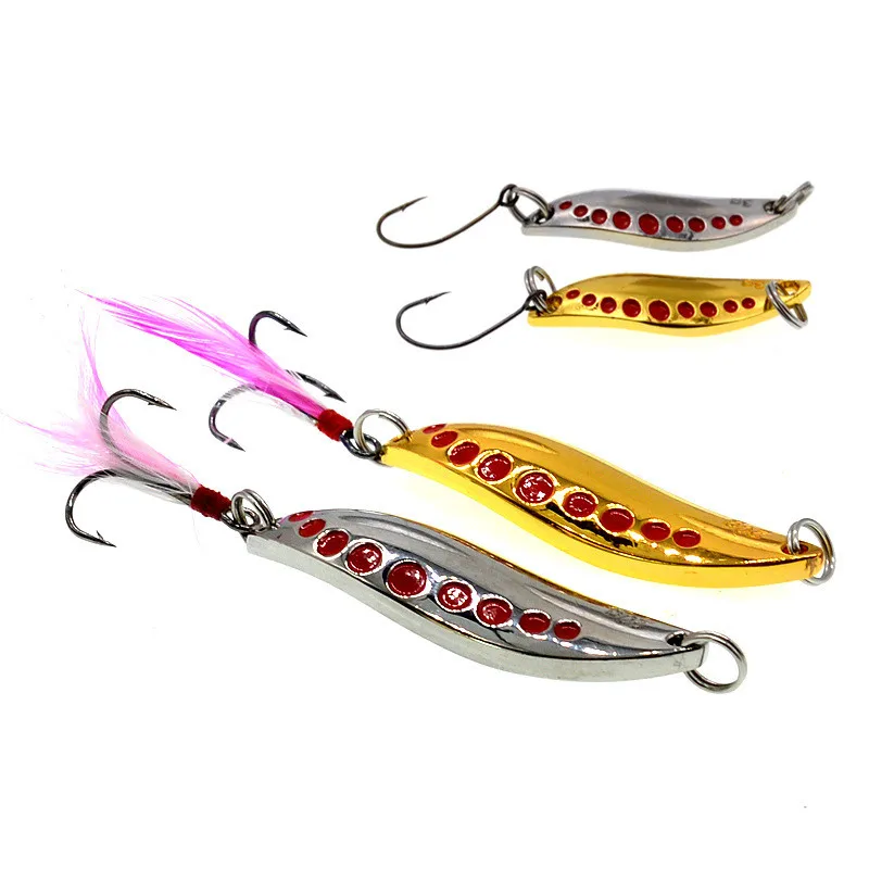 Fishing Spoon Lure 3g-20g Curved Surface Leech Spoons Metal Artificial Lures Single Treble Feather Hooks