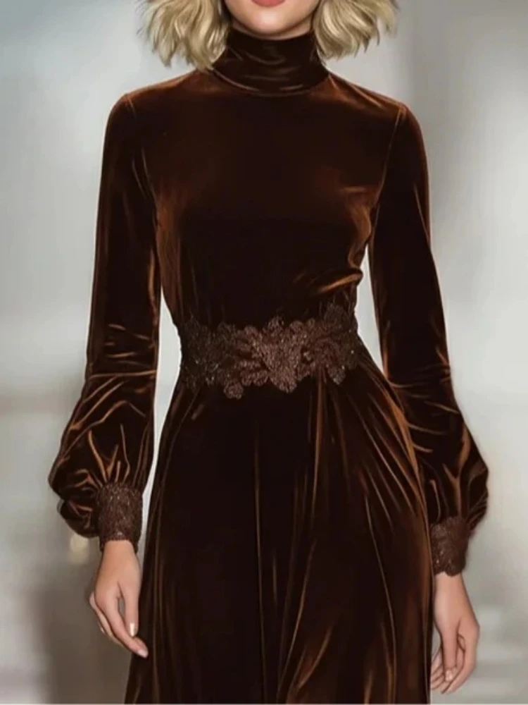2026 elegante vestido de terciopelo para mujer primavera otoño Vintage sólido cuello alto dobladillo de encaje vestido largo cintura alta A-line vestidos de noche - Image 3