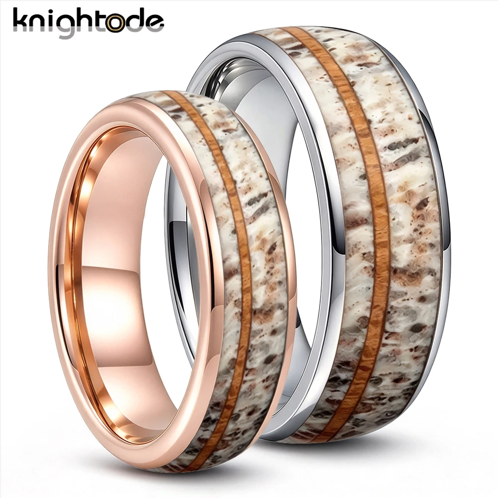 6mm/8mm Tungsten Couple Rings with Deer Antler & Koa Wood Inlay Comfort Fit Wedding Band for Men And Women Promise Ring