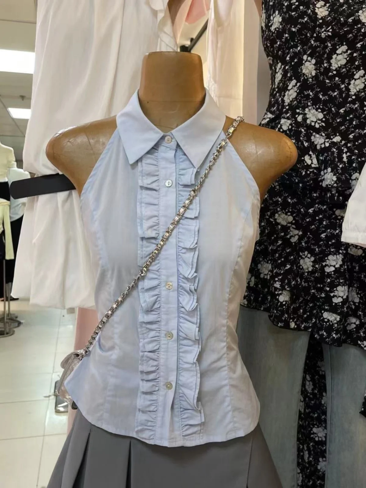 Korean Style Summer Fashion Design Ruffle Collar Button up Sleeveless Top Versatile Small   Shirt for Young Women