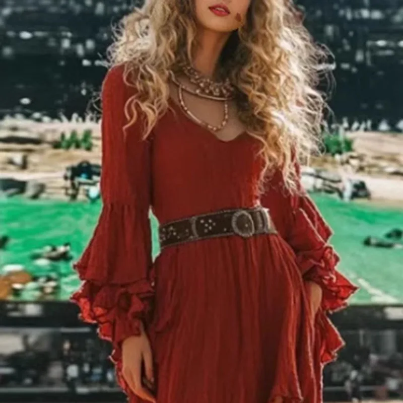 Vintage Solid Ruffles Irregular Long Dress Woman Sexy V Neck High Waist Boho Dress Autumn Butterfly Sleeve Vacation Maxi Dresses
