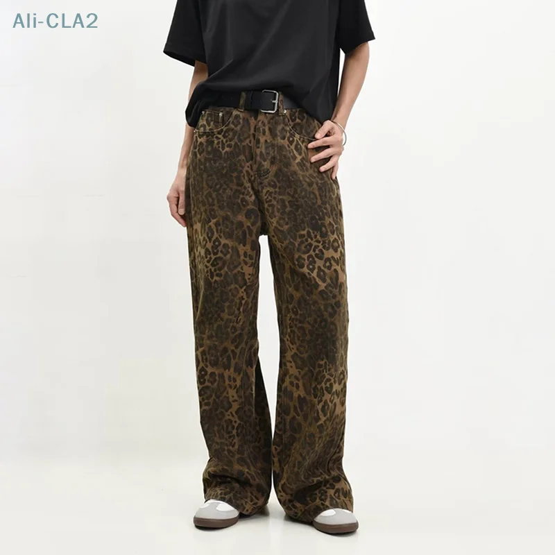 2024 New Tan Leopard Jeans Women&Men Loose Casual Denim Pants Female Oversize Wide Leg Trousers Street Wear Hip Hop Vintage