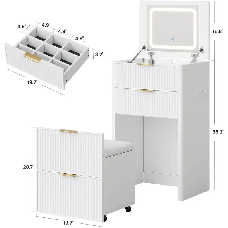 3-in-1 Small Makeup Vanity Desk with LED Mirror and Charging Station